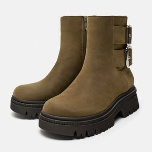 ZARA LOW HEELED LEATHER ANKLE BOOTS WITH BUCKLES